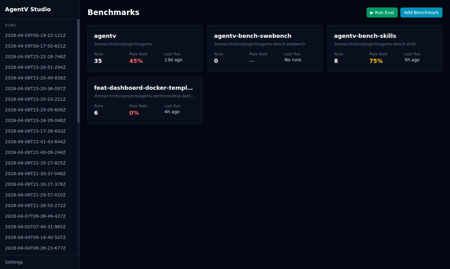 AgentV Studio projects dashboard showing project cards with pass rates